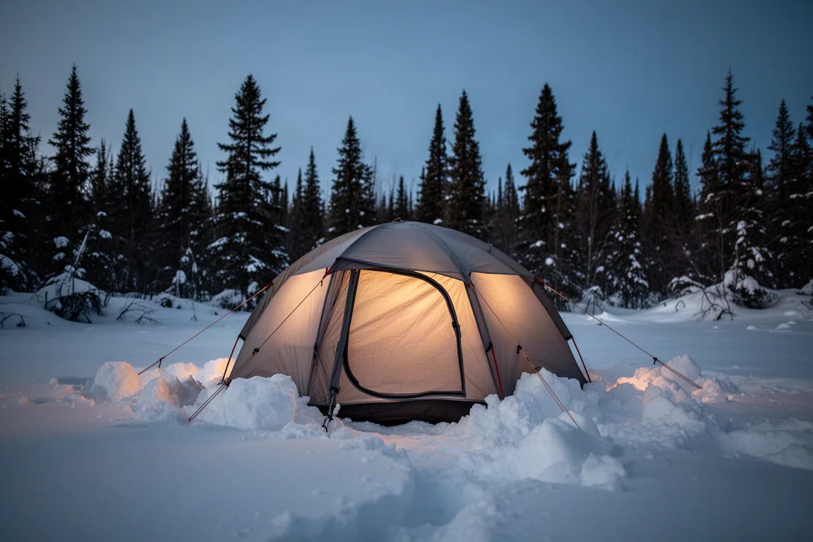 Sneeuwbedekte wintercamping bij schemer met een gloeiende tent en sparren