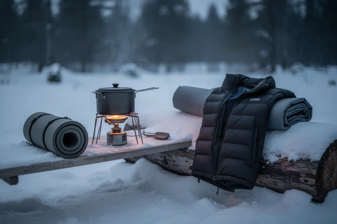 Winterkampkeuken op sneeuw met brander, schuimmatje en opgevouwen jas op een boomstam