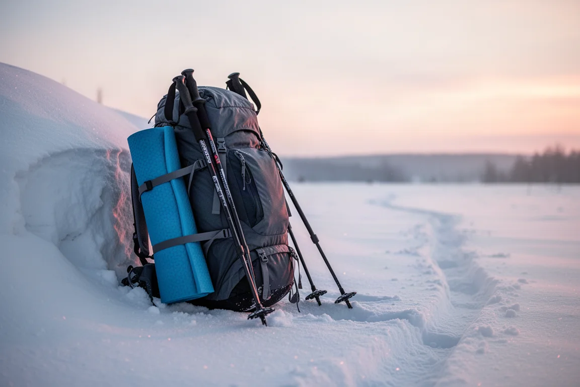 Volgepakte winterrugzak en schuimmatje rustend op sneeuw bij zonsopgang