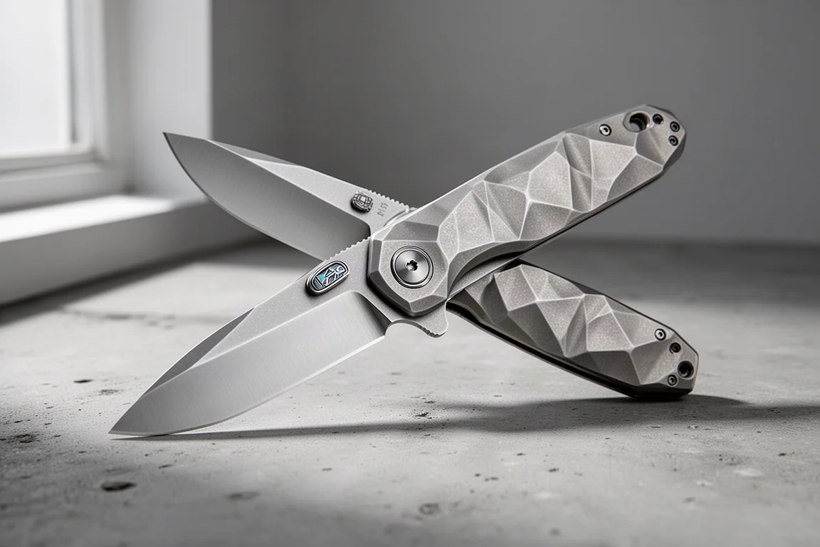 Premium folding knife with titanium handle half open on a concrete surface