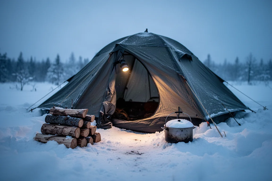 Tienda de invierno brillando en la hora azul sobre nieve profunda con leña apilada cerca