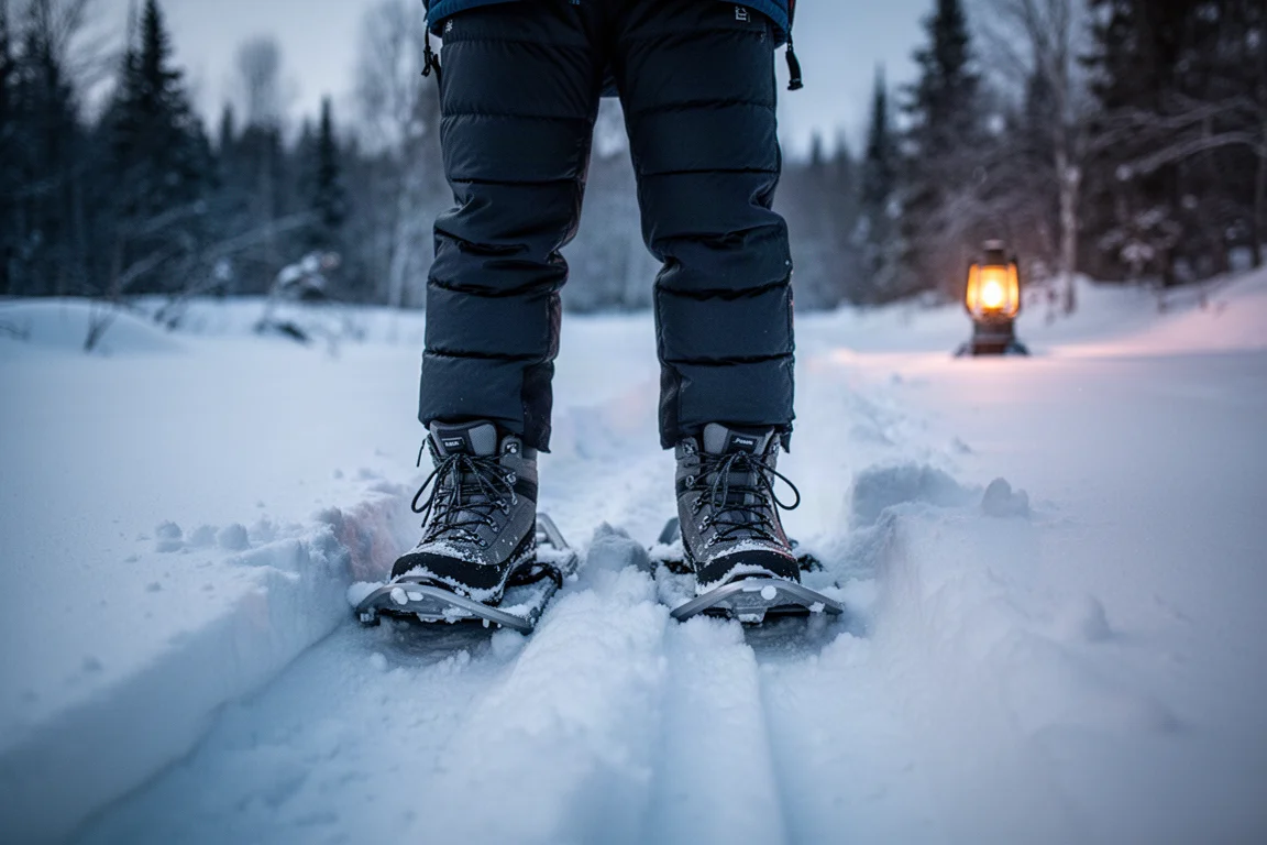 Pantalones de campamento aislados con plumón y botas de pie sobre nieve profunda al atardecer