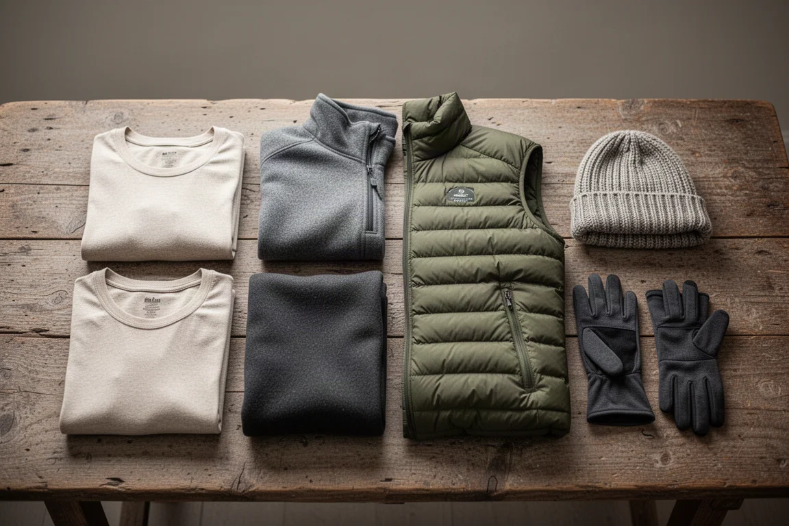 Vista cenital de capas base, forro polar, chaqueta de plumón y guantes de campamento sobre madera