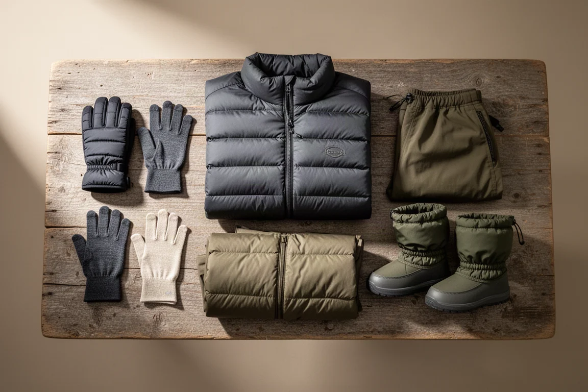 Winter camp clothing layering system arranged on a weathered wooden surface