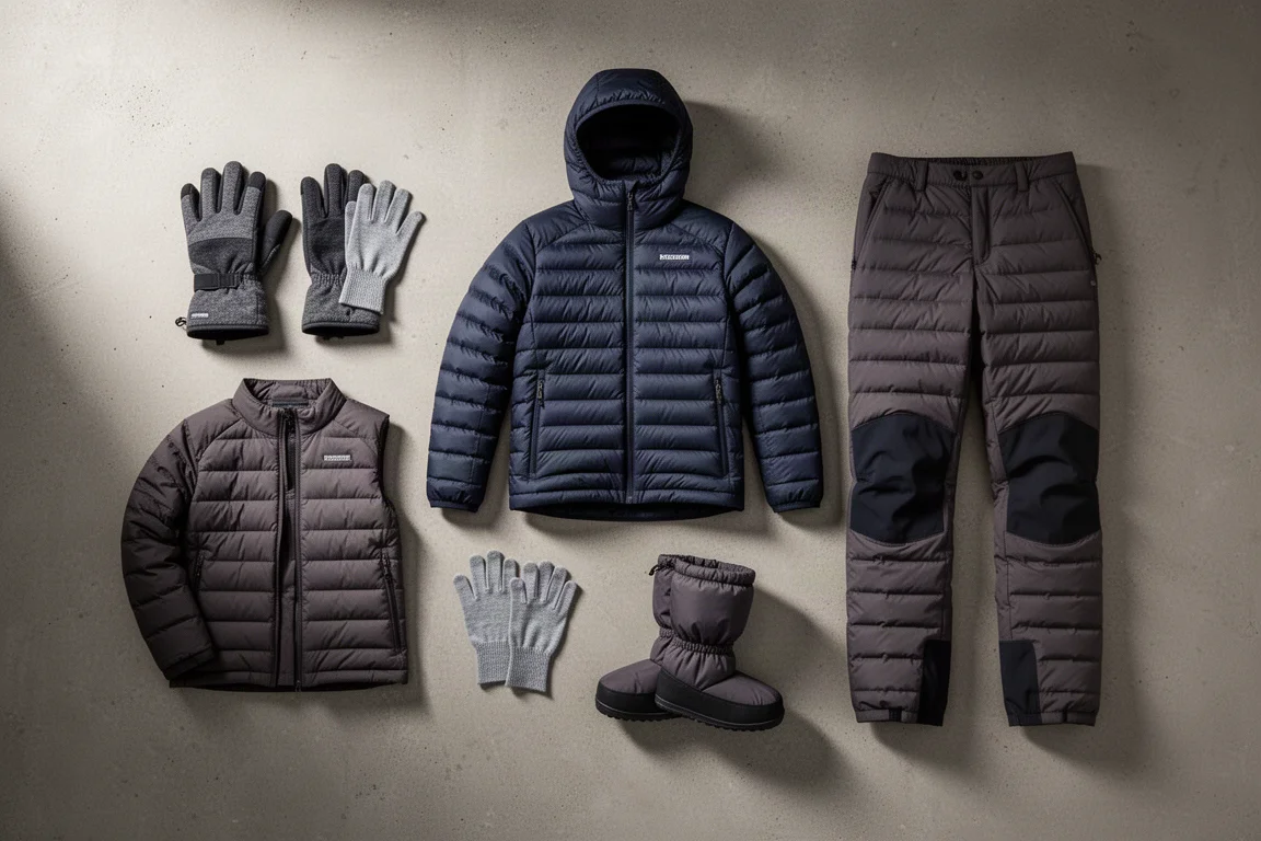 Flat lay of winter camp gloves, liner gloves, down jacket, down pants and camp booties