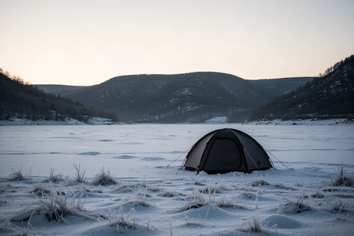 Compacte wintertent opgezet tussen besneeuwde coniferen in de schemering met warm licht binnen