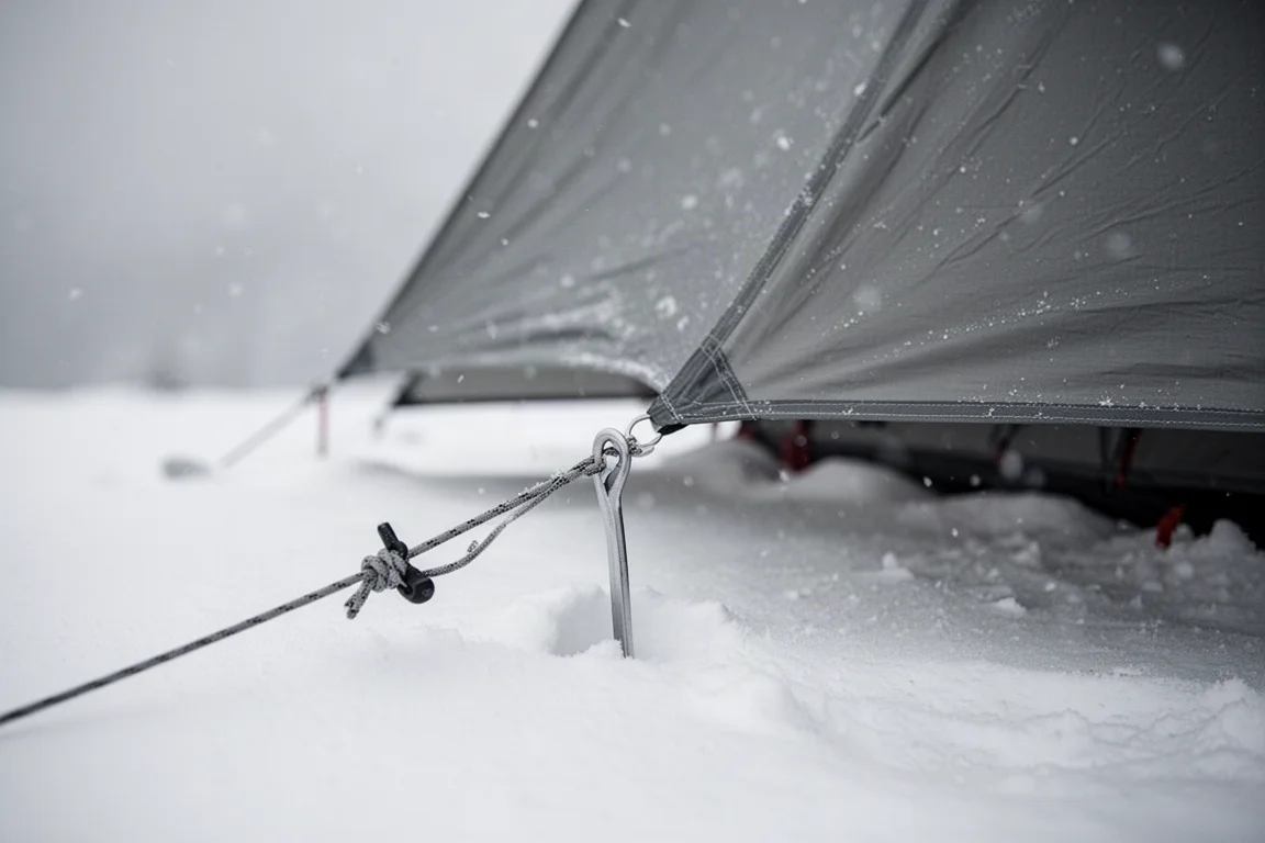 Opgeblazen slaapmat met verticale schotten in een beslagen wintertent onder licht van een hoofdlamp