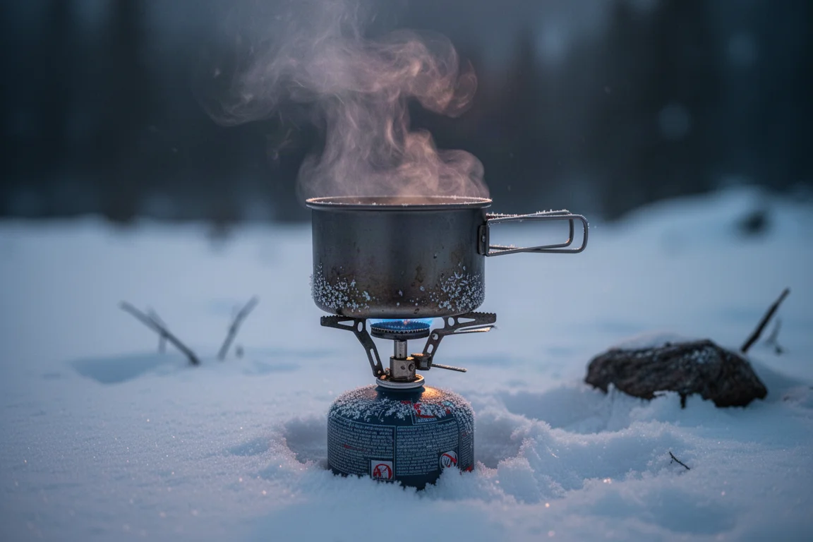 Wandelaar in een gewatteerd donsjack bij een besneeuwd alpien kamp bij zonsopkomst