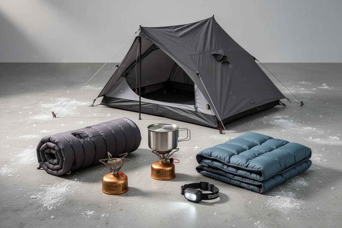 Winterkampeeruitrusting met een tent, slaapmat, donsjack en glijski op beton