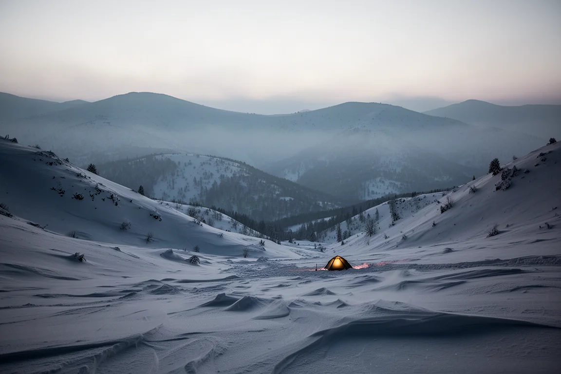 Valle alpino cubierto de nieve al atardecer con una tienda iluminada a lo lejos