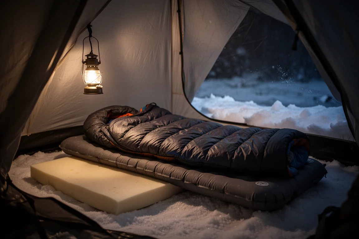 Interior de un refugio de invierno con colchoneta, saco de dormir y farol colgante