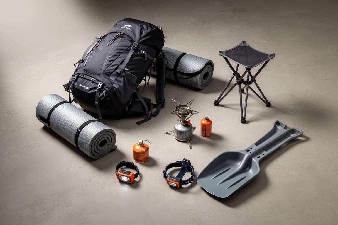 Winter camping gear arranged on concrete: pack, pad, stove, headlamp, stool, and shovel