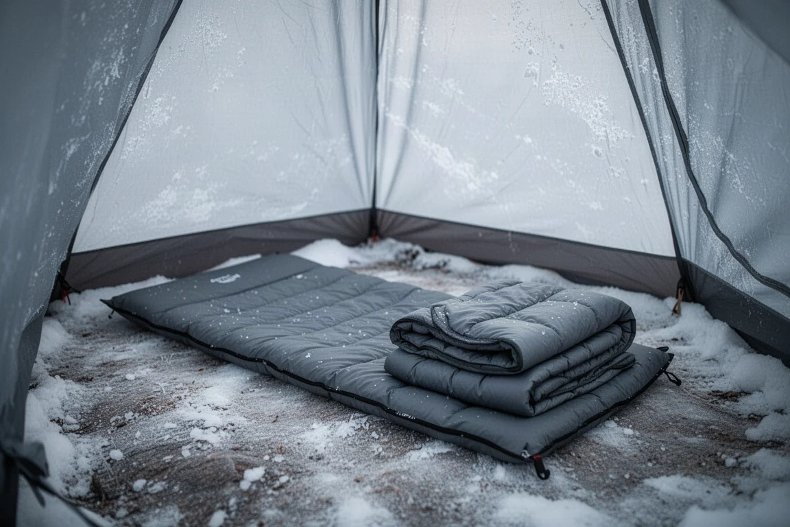 Interiör av ett vintertält med liggunderlag och quilt utlagt på snö