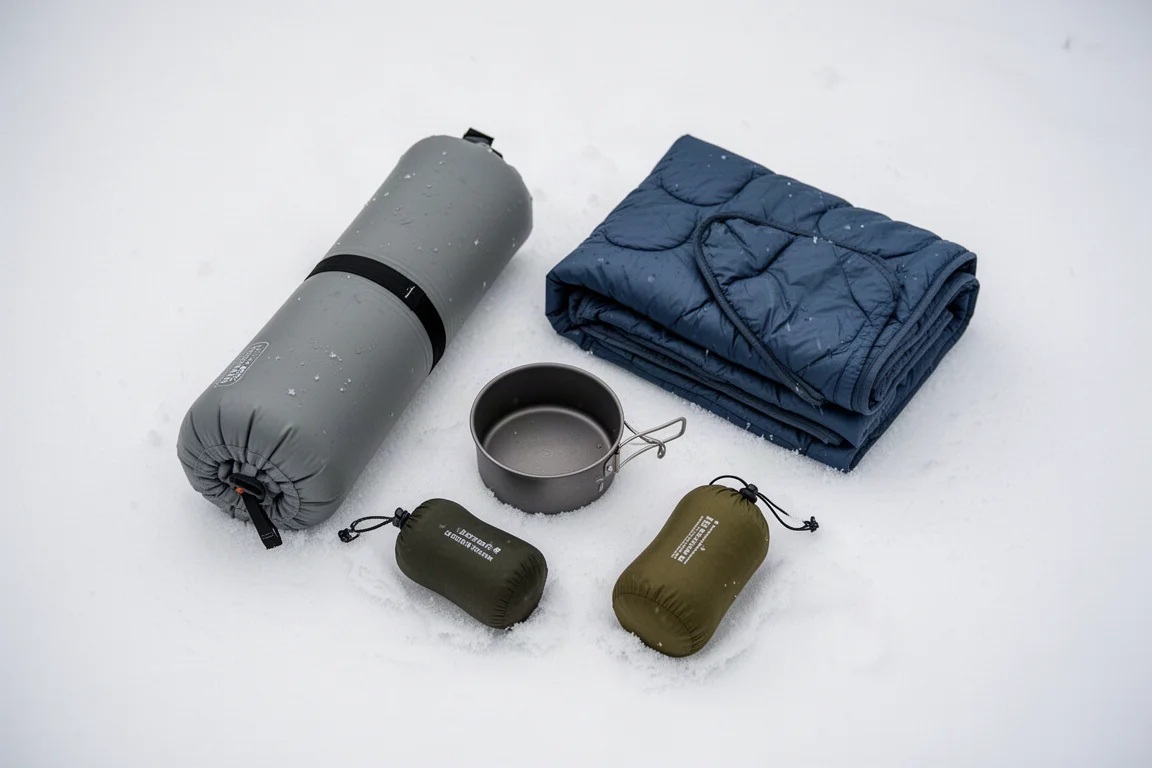Vintercampingutrustning utlagd på packad snö i gryningen före en kall start