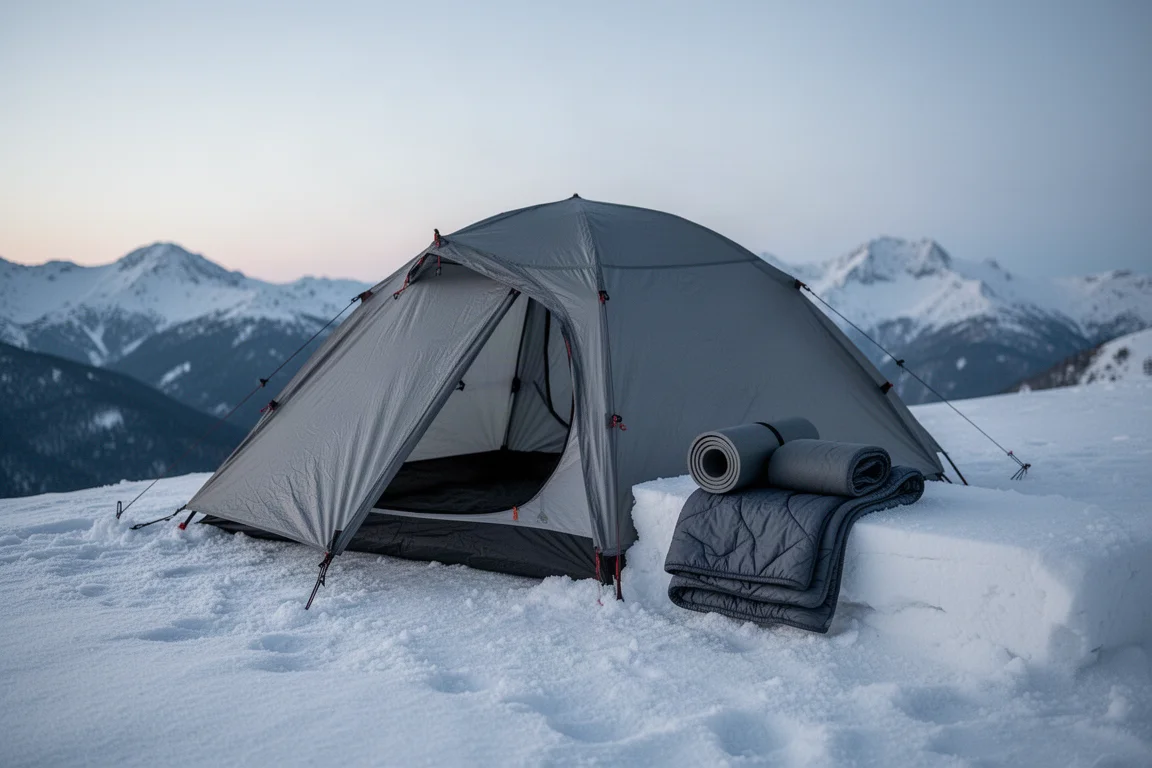 Low-profile winter tent pitched on packed snow at dusk with a sleeping pad and quilt