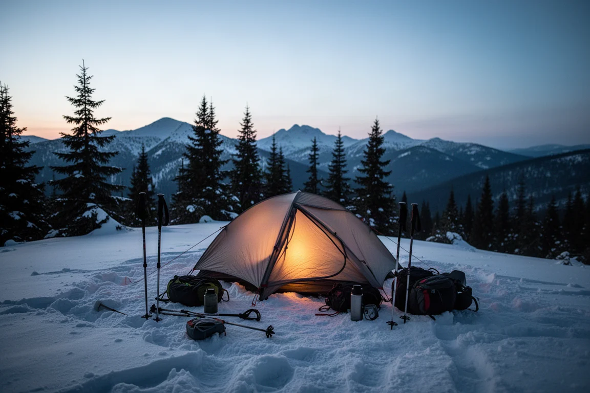 Campamento invernal en la hora azul con una tienda iluminada y el suelo cubierto de nieve