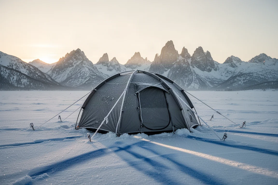 Tienda invernal cubierta de escarcha al amanecer en un campo de nieve con montañas al fondo
