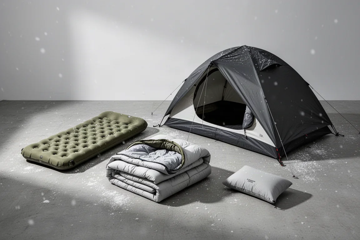 Isolante térmico de inverno, sistema de dormir com colcha de plumas, barraca dome e travesseiro dispostos sobre uma superfície de concreto