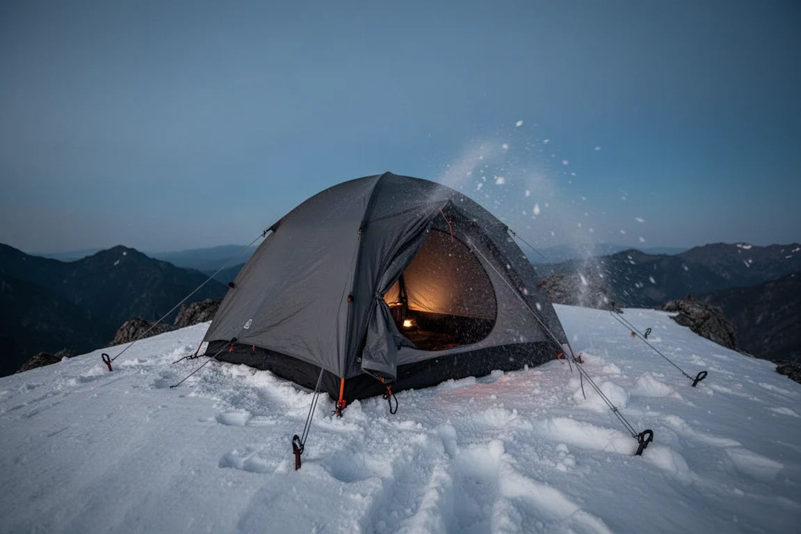 黃昏時分紮於雪脊上的四季登山營幕,周圍有飛雪