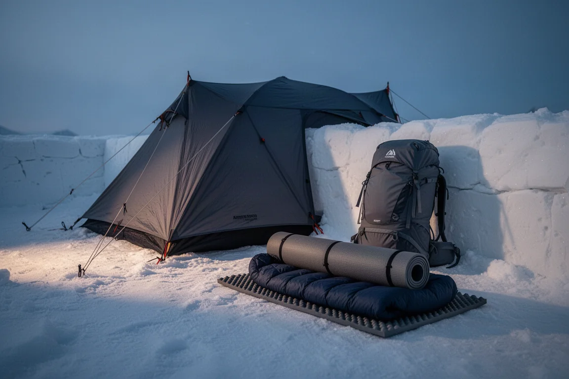Winter campsite with mountaineering tent, technical backpack and sleeping gear on snow