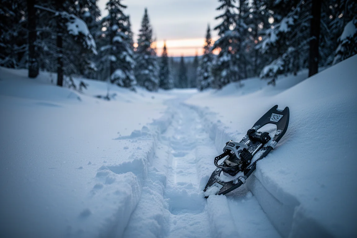 Tracce fresche di sci che tagliano la neve fresca su un sentiero nel bosco all'ora blu