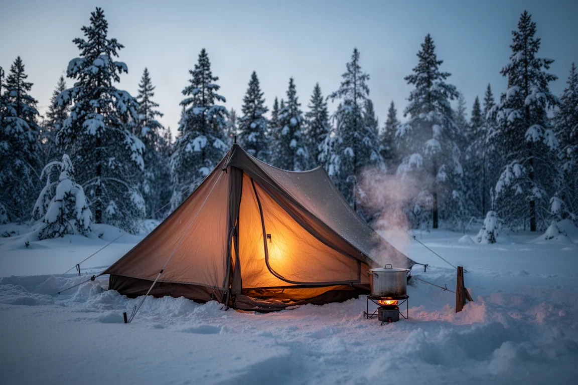 Tenda bassa invernale sulla neve battuta al crepuscolo con luce calda che brilla all'interno