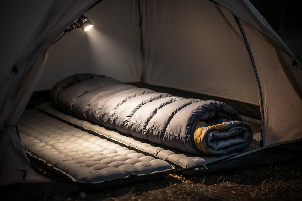 Interno della tenda di notte con un materassino isolante e un sacco invernale spesso
