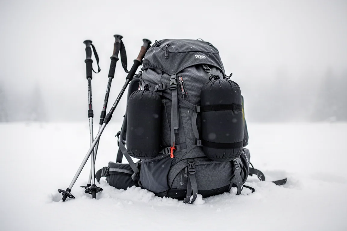 Zaino invernale carico appoggiato sulla neve accanto ai bastoncini da trekking