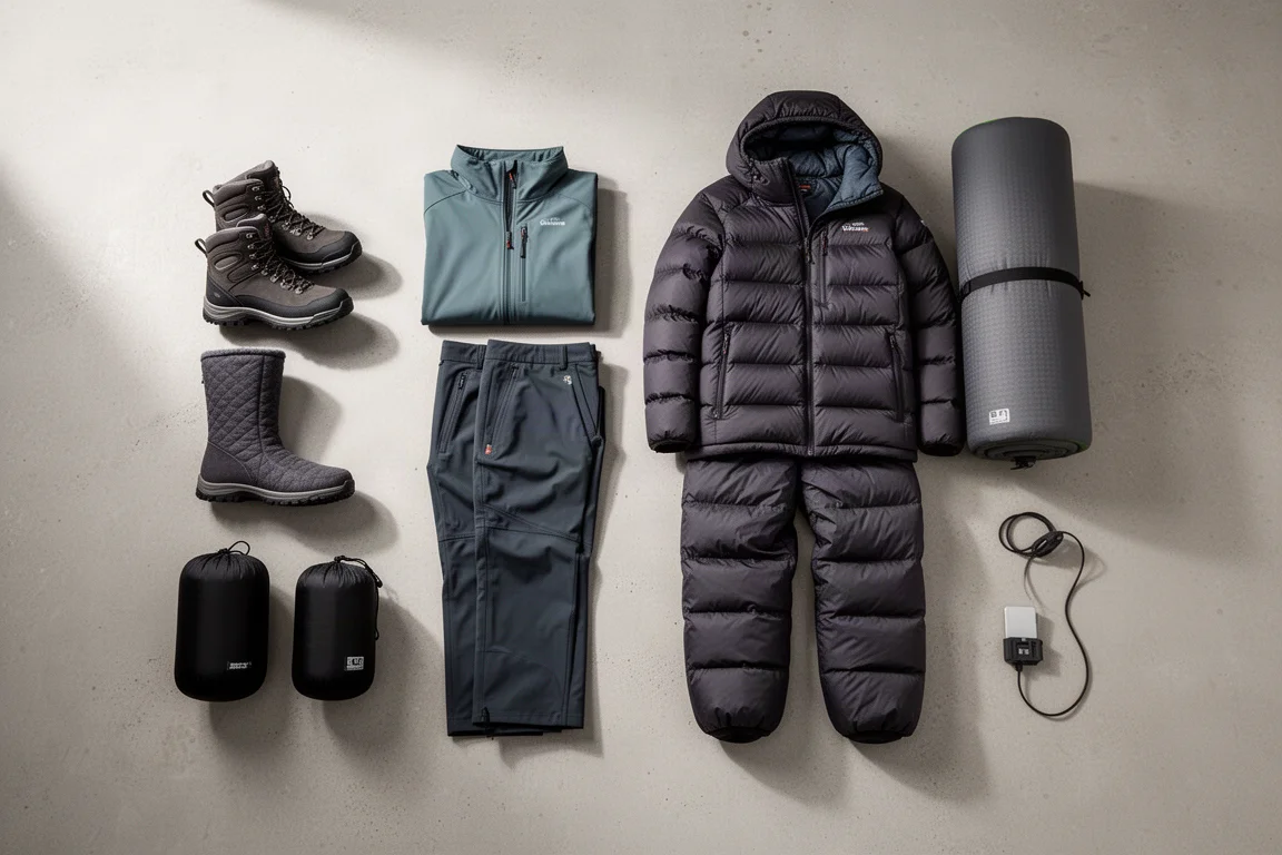 Flat lay of winter camping gear including boots, soft shell layers, down layers, pad, bag, and stuff sacks