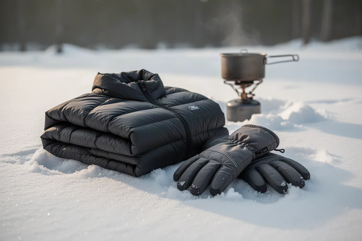 冬季營地旁壓實雪地上折疊的羽絨外套與手套