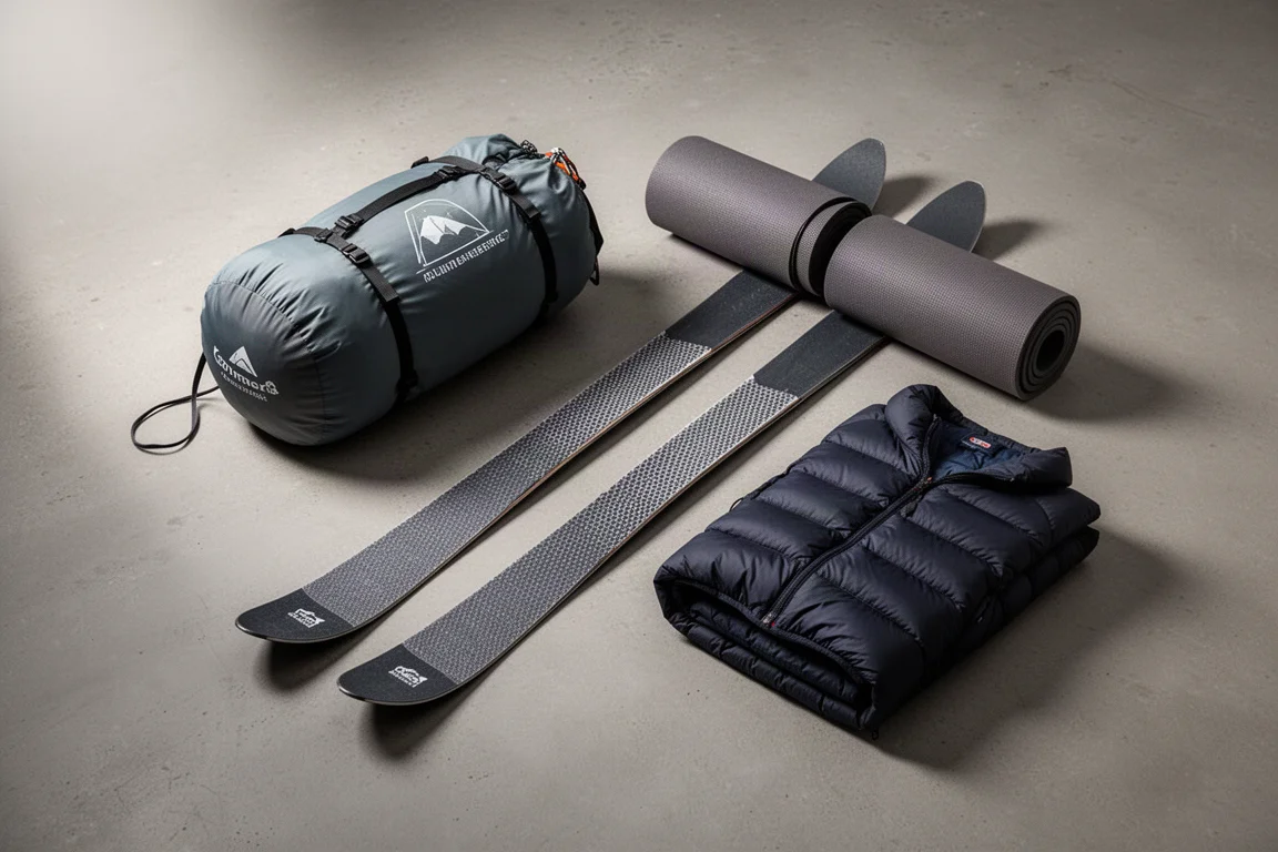 Winter camping gear flat lay with tent, skis, sleeping pads and down jacket