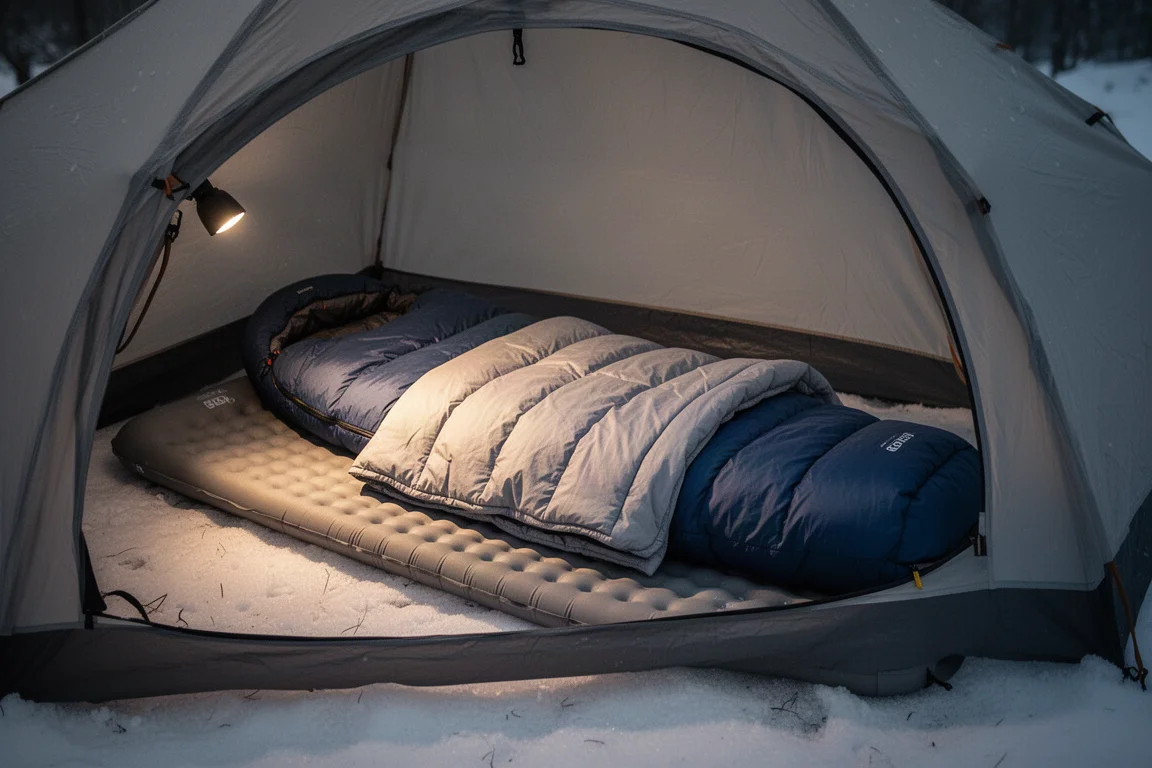 Sistema di sonno invernale a strati dentro una tenda con materassino, sacco a pelo e quilt sottile