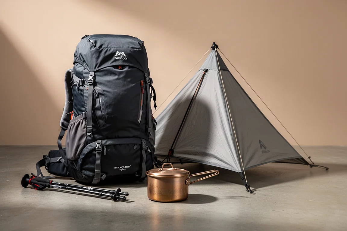 Winter backpacking pack, lightweight shelter and titanium pot arranged on a concrete surface