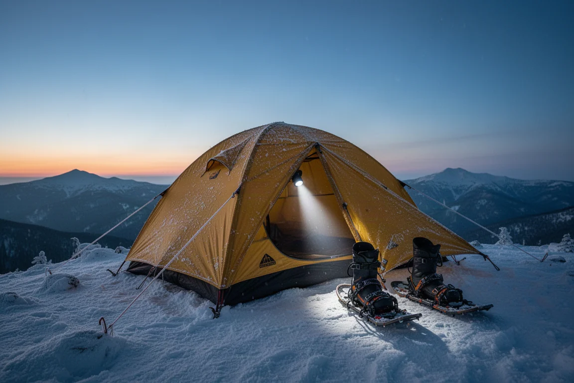 黃昏時分雪地中搭起帳篷的冬季露營場景