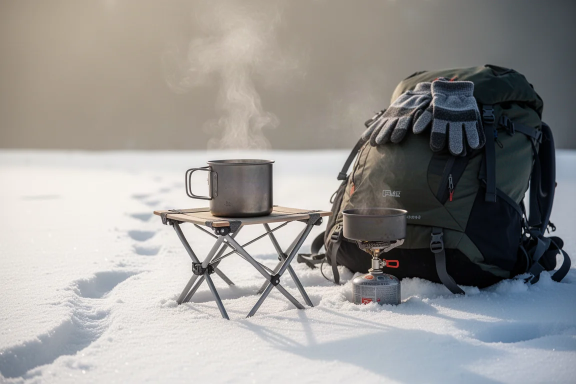 雪地中露營摺凳,旁邊放有背包與爐具