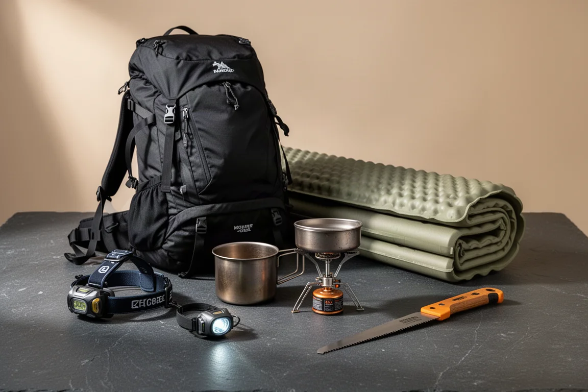 Winter camping gear flat-lay with backpack, sleeping pad, pot, stove, headlamp, and saw on dark slate.
