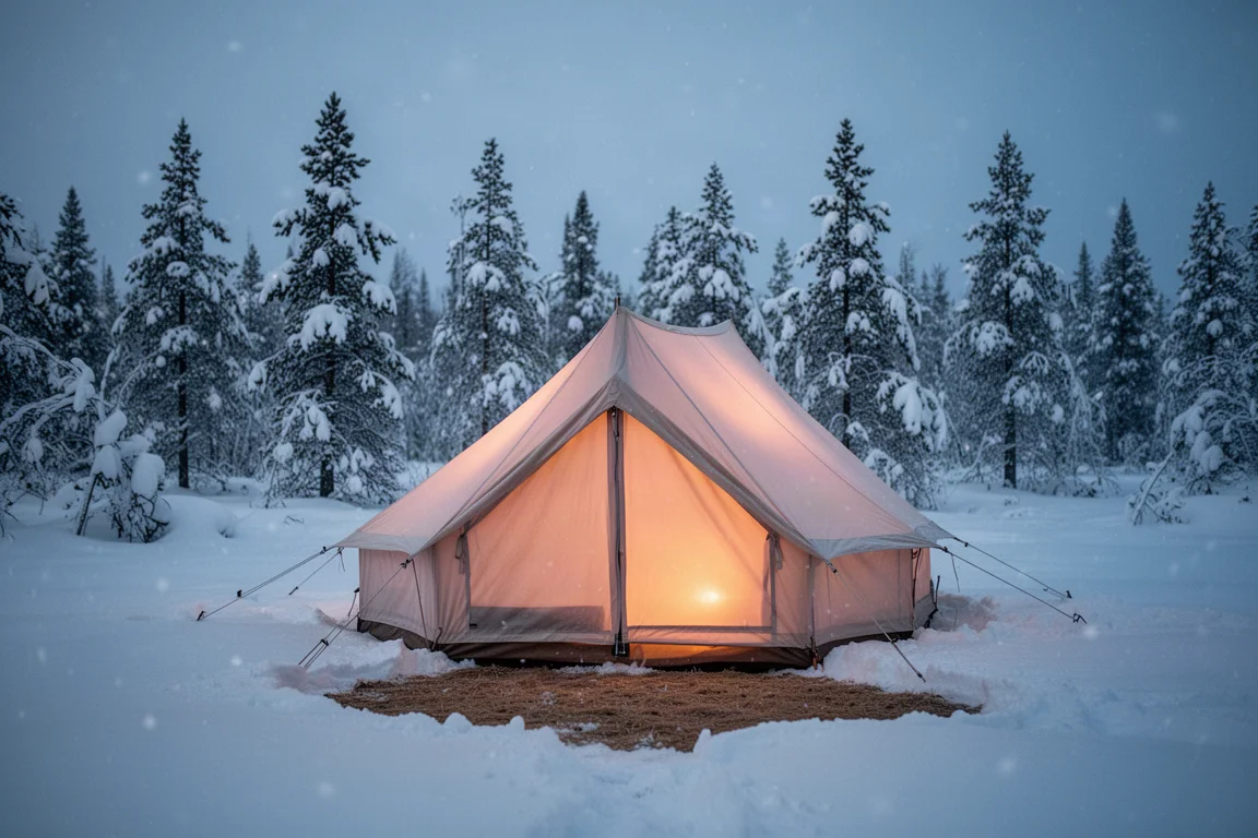 Hot tent glowing at dusk on fresh snow surrounded by conifers