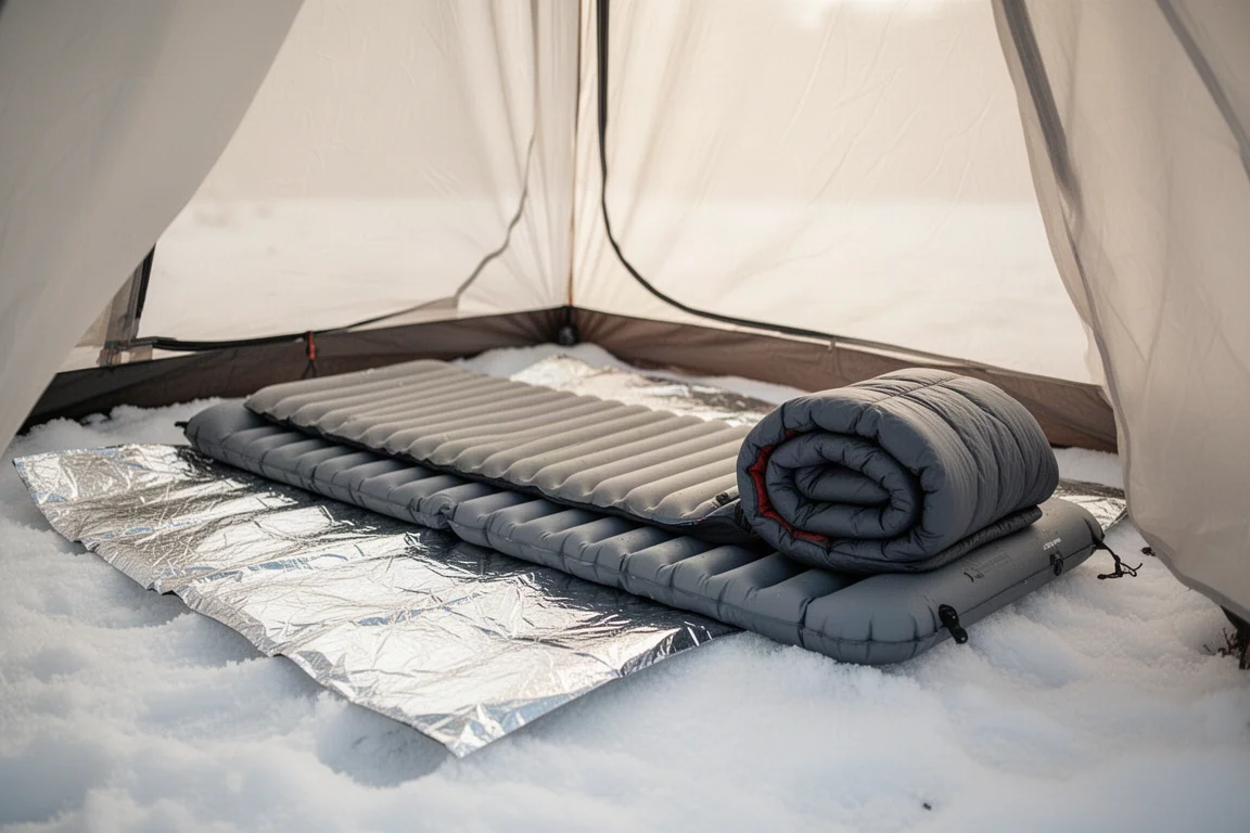 Foam mat and inflated sleeping pad layered inside a snow camp shelter
