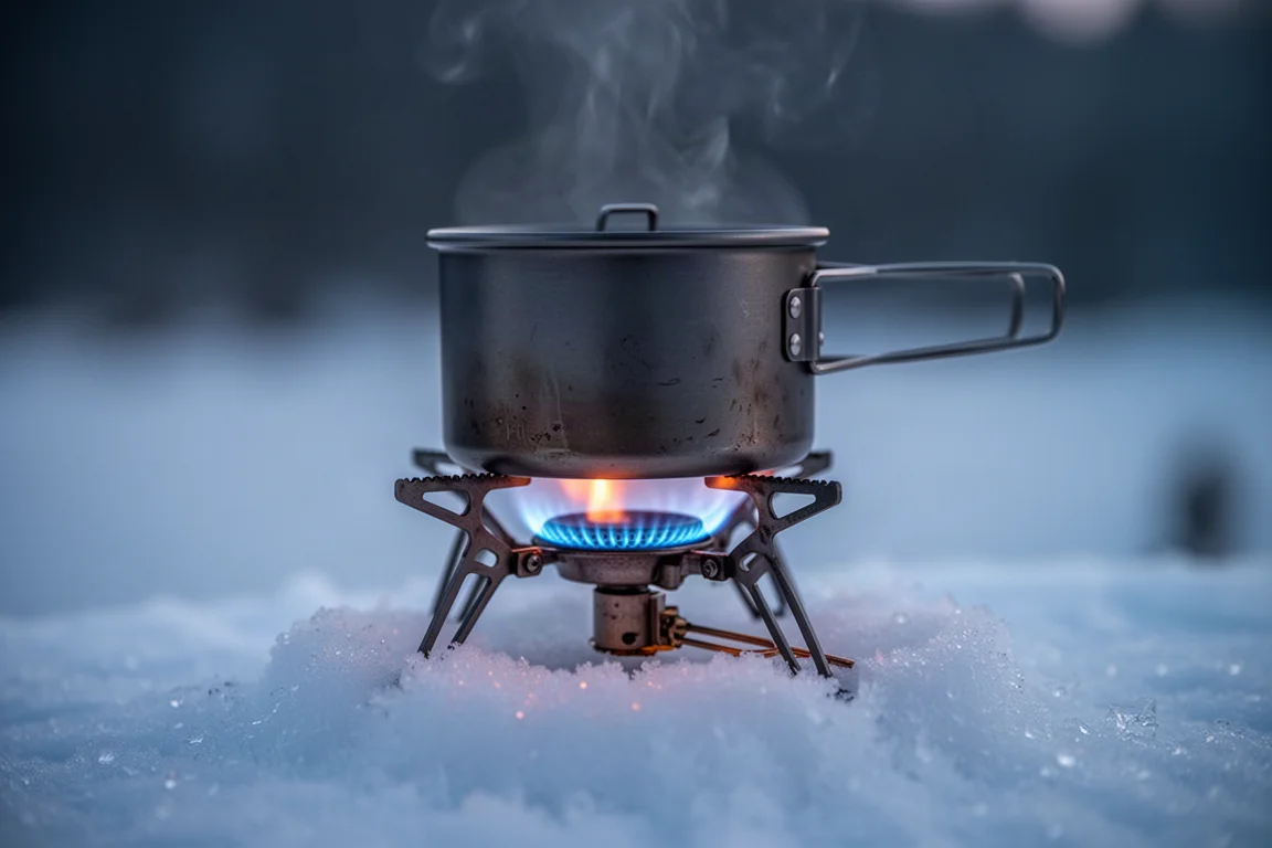 Camping stove burning with blue flame on snow under a titanium pot