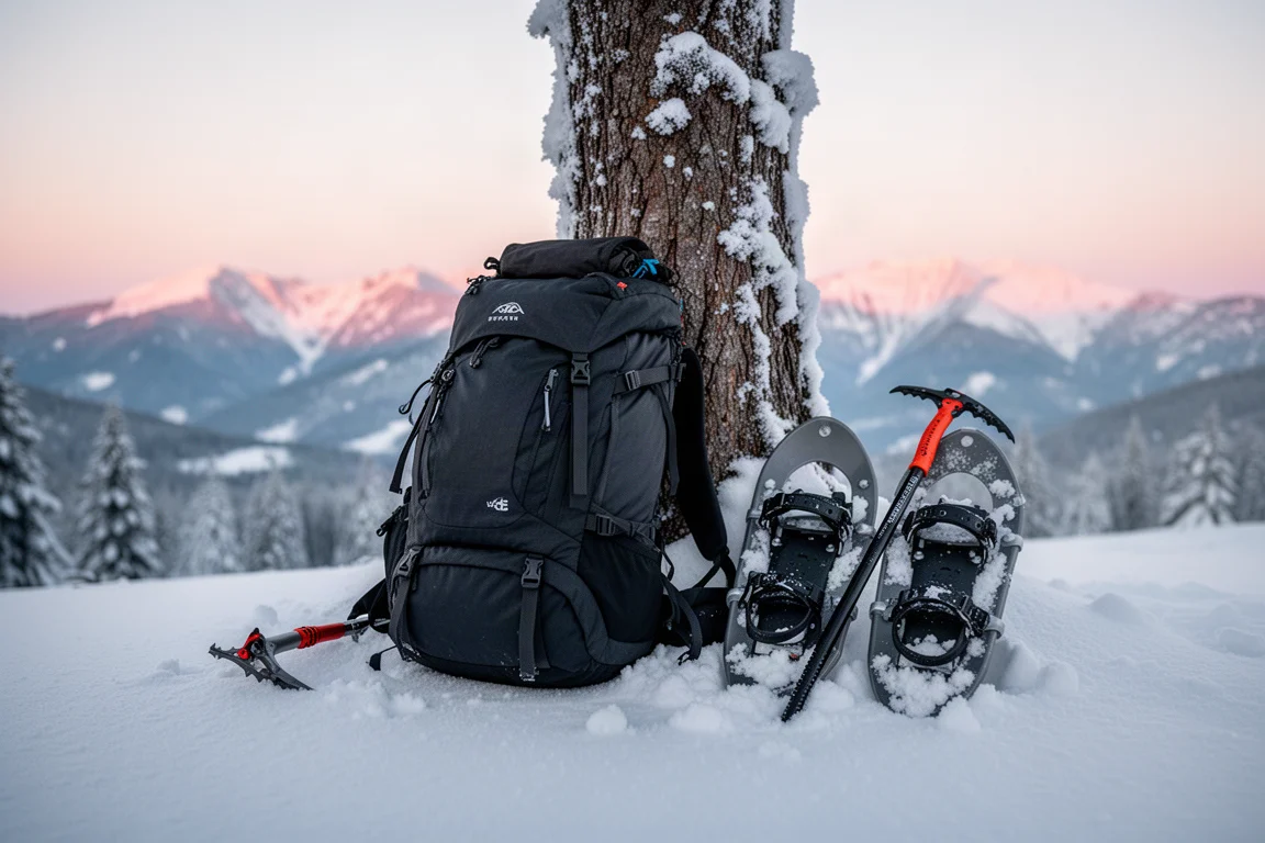 Loaded winter backpack and snowshoes resting in snow at dawn