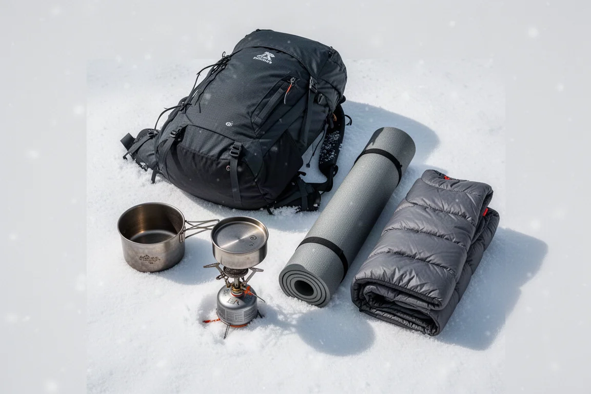 Winter backpacking gear arranged on fresh snow in an overhead flat lay