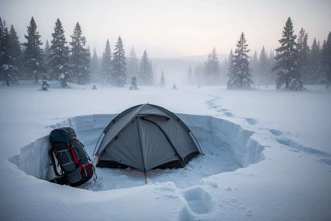 Acampamento em área selvagem nevada ao amanhecer, com barraca em trincheira de neve e mochila