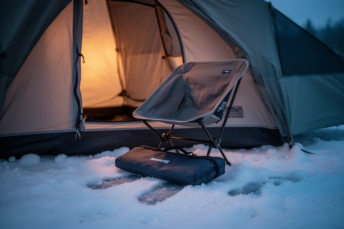 Cadeira de acampamento compacta sobre neve compactada ao lado de barraca ao anoitecer, com luz quente dentro