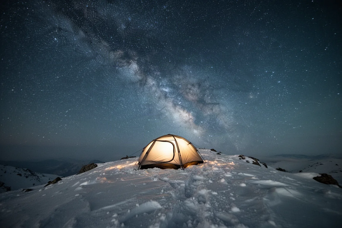 Barraca brilhando por dentro em uma crista nevada sob um céu noturno estrelado