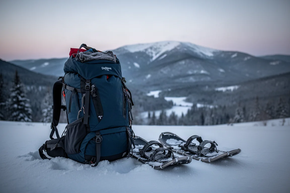Mochila de inverno carregada e raquetes de neve sobre a neve na hora azul, com montanhas ao fundo