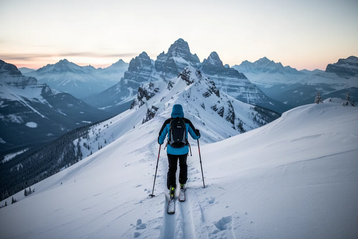 Scialpinista che sale con le pelli su una cresta innevata nelle Montagne Rocciose canadesi all'alba