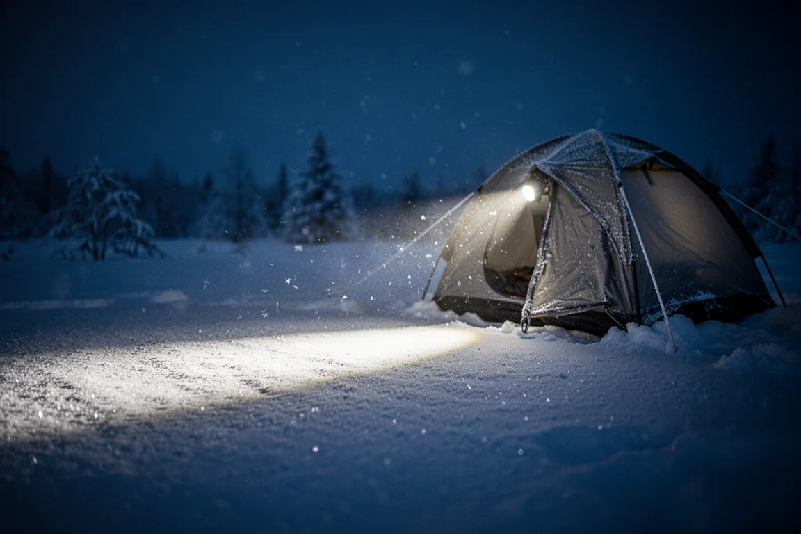 Fascio della lampada frontale che taglia la neve intatta di notte accanto a una piccola tenda invernale