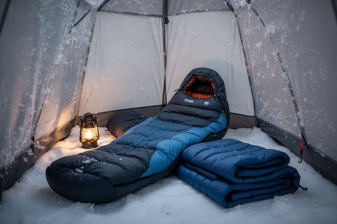 Interno di una tenda invernale coperta di brina con sacco a pelo a mummia e quilt sintetico stesi