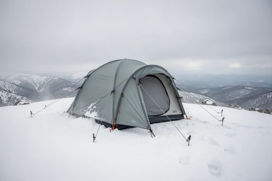 低矮帐篷搭建在风雪交加的山脊上,防风绳绷得很紧