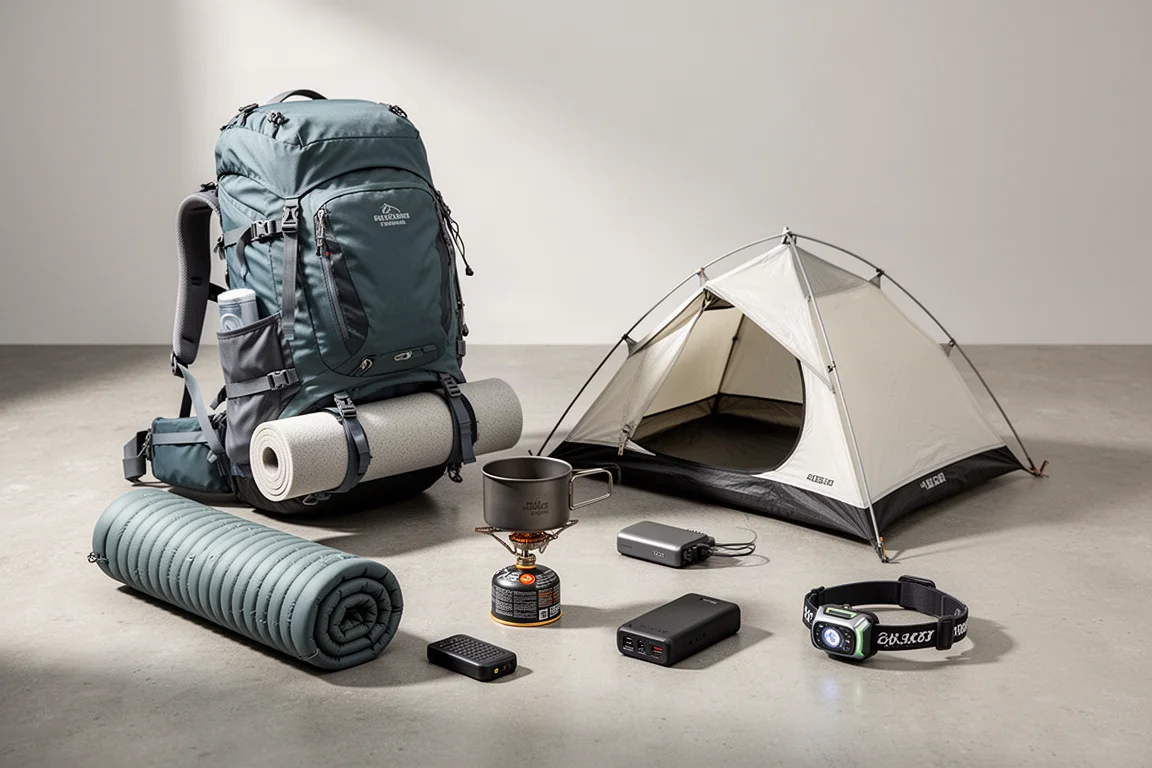 Winter camping gear arranged on a concrete surface including pack, tent, pad, stove and electronics